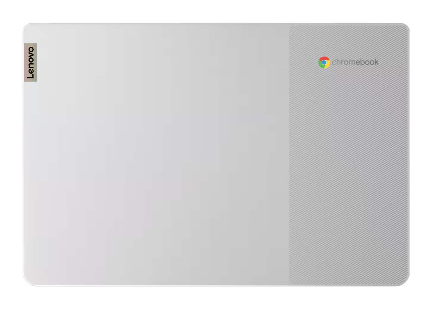 Biały i szary Chromebook Lenovo z logo Lenovo. Chromebook jest na białej powierzchni.