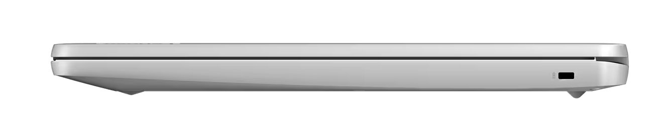 Widok z boku białego laptopa, pokazujący zamkniętą pokrywę i mały port.