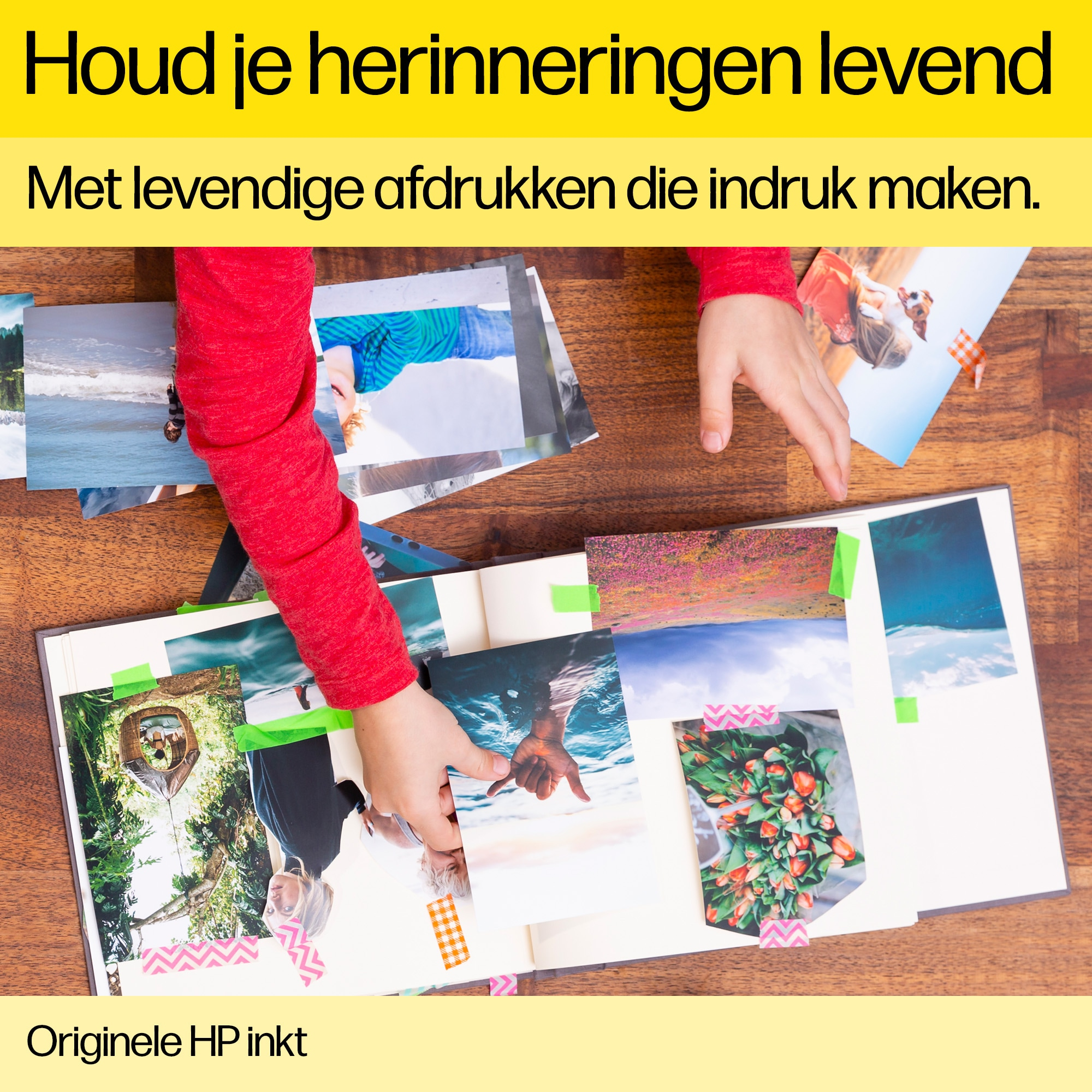 A person's hands place photos in a scrapbook. Text: 'Keep your memories alive'.