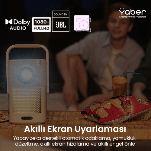 Bej projektör, bir tutamaç, ışın ve arka planda bir kişi ile. Metin kaplaması.