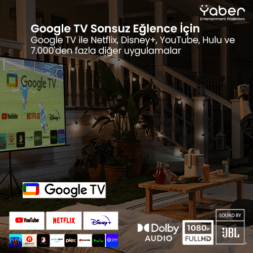 Google TV arayüzünü gösteren bir projektör. Google TV metni görüntülenir.