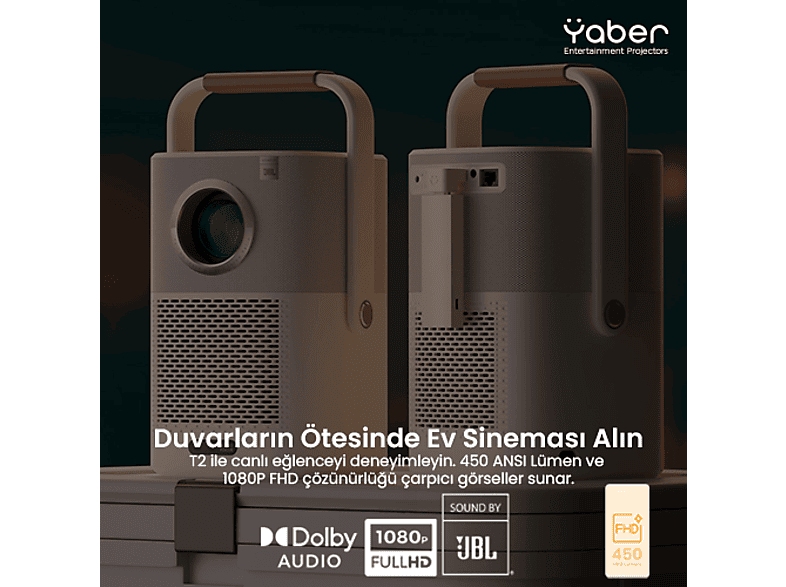 YABER T2 Plus Full-HD 450 Lümen Taşınabilir Bataryalı Projeksiyon