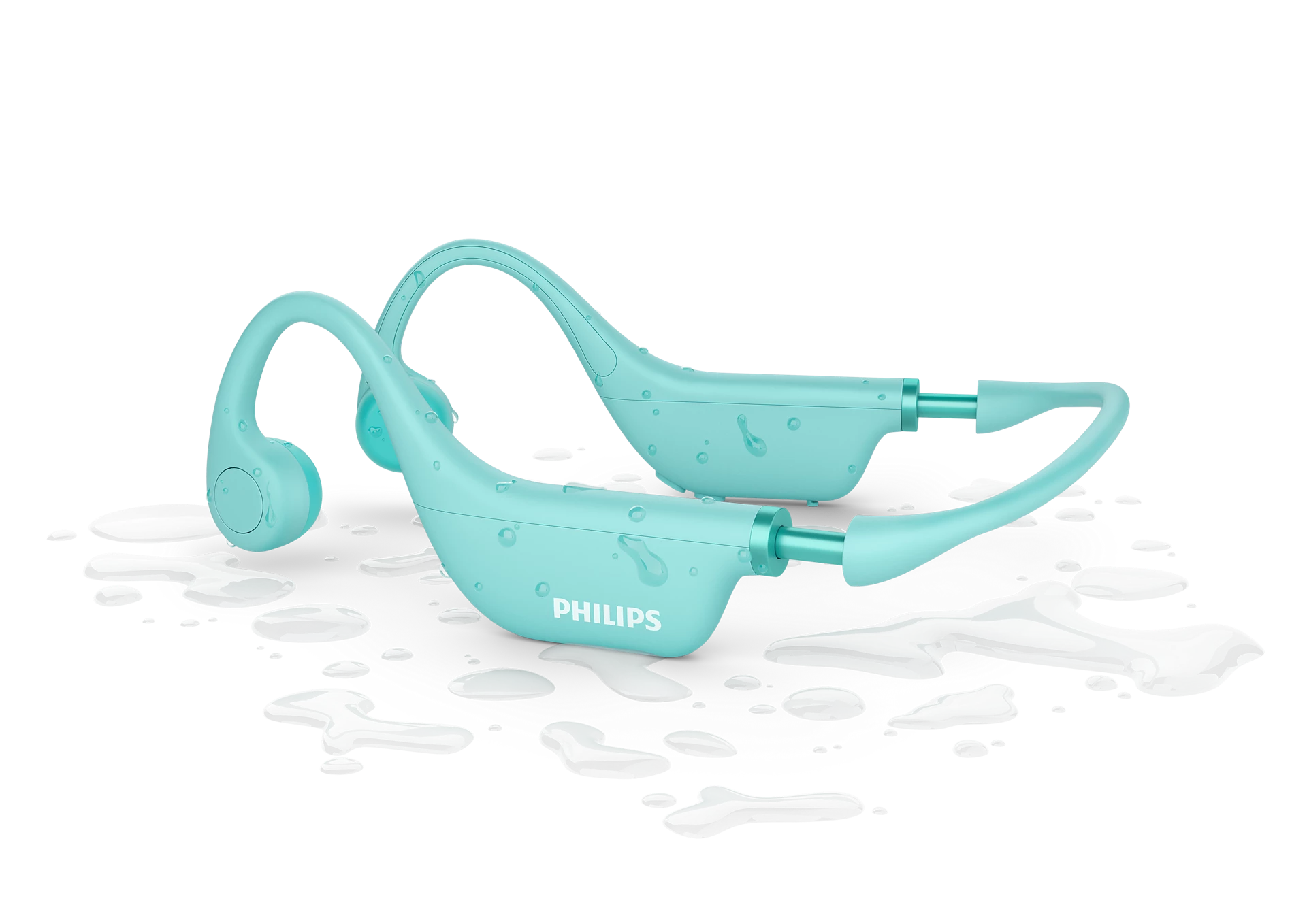 Su damlaları olan iki akuamavi kemik iletimli kulaklık. Philips logosu bunlardan birinde görülebilir.