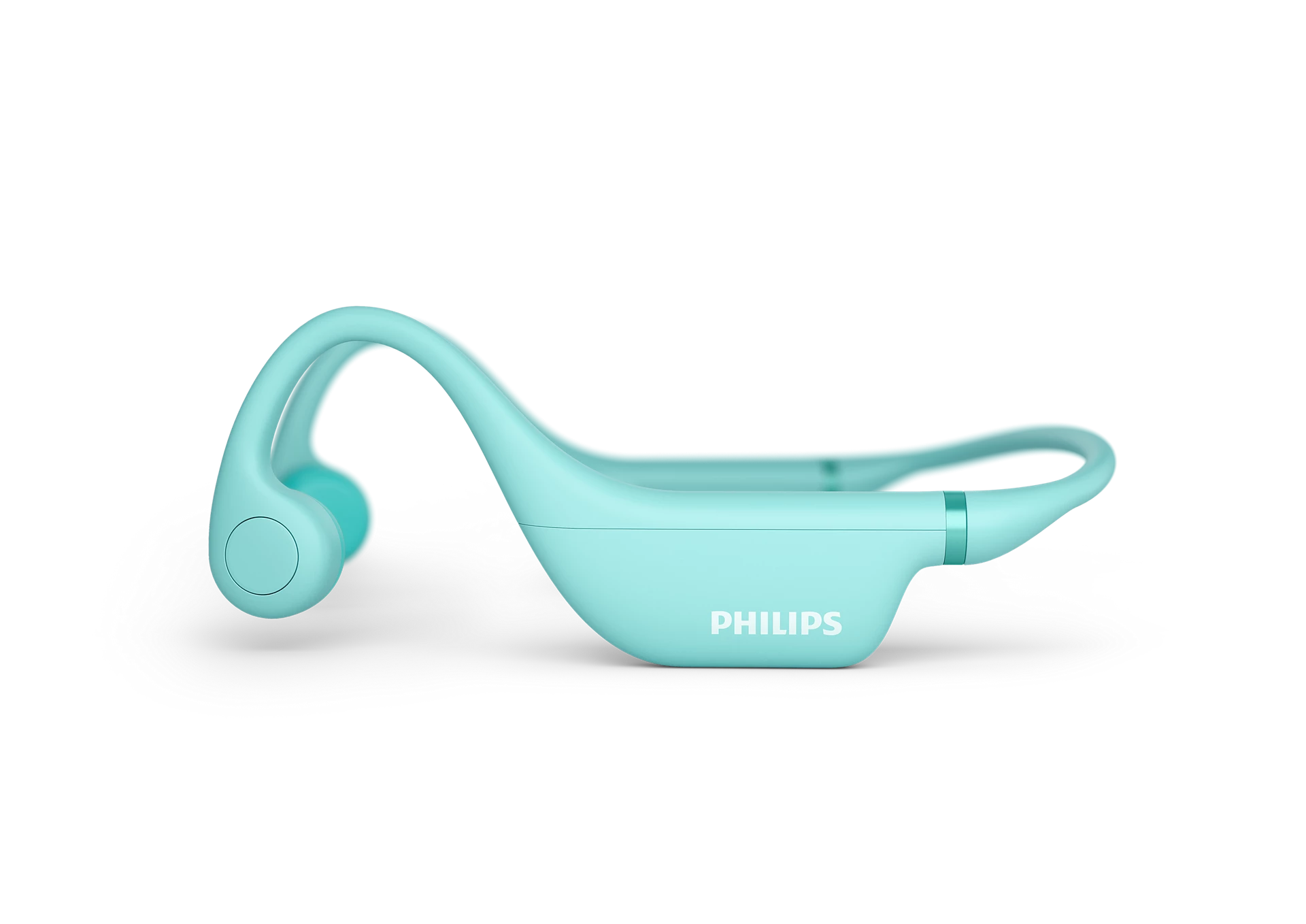 Açık mavi kemik iletimli kulaklıklar. Kulaklıklar siyah bir arka plan üzerinde. PHILIPS yazıyor.
