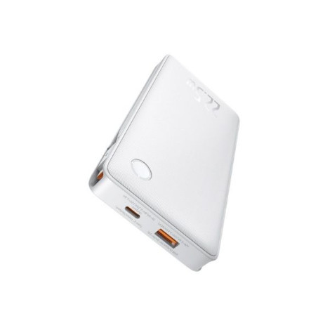 Beyaz powerbank, açılı görünüm, şarj portları ve güç düğmesiyle.