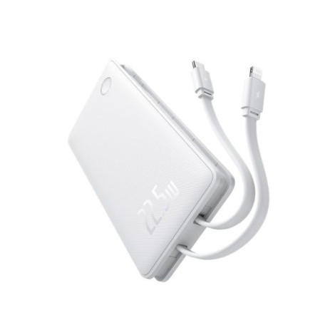 Beyaz powerbank, iki adet şarj kablosu takılı. '22.5w' gösteriyor.