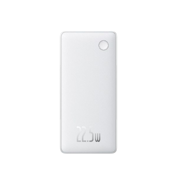 Yuvarlak köşeli beyaz dikdörtgen powerbank. Alt kısımda "22.5W" yazısı var.