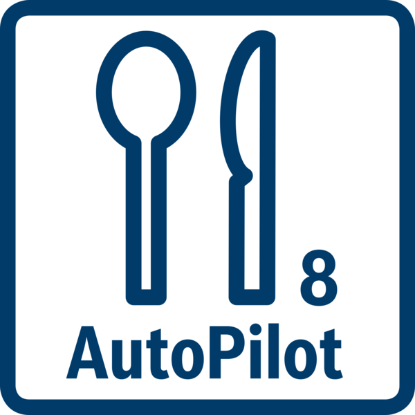 Bir kaşık, bıçak ve 8 rakamı olan mavi bir kare. Altına 'AutoPilot' yazılmıştır.