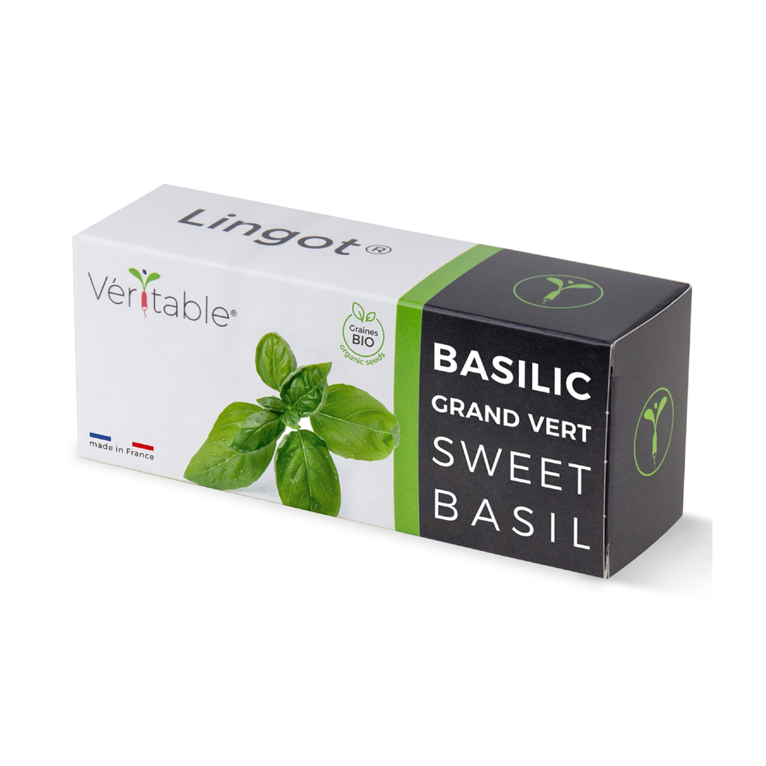 Confezione di semi di basilico. Scatola bianca con dettagli verdi e neri. Contiene semi biologici.