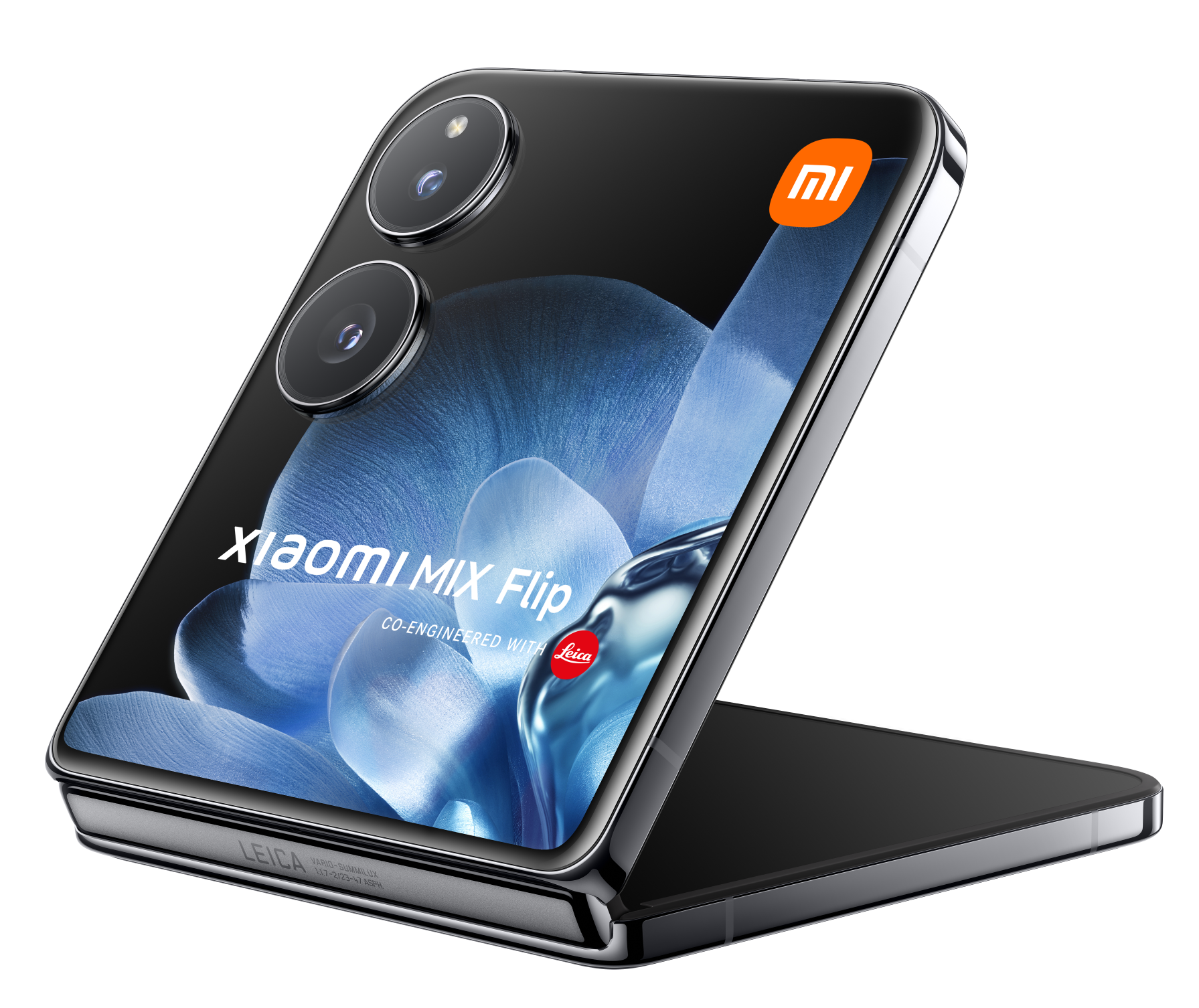 Złożony, czarny telefon Xiaomi MIX Flip z dwoma tylnymi aparatami i logo Leica.