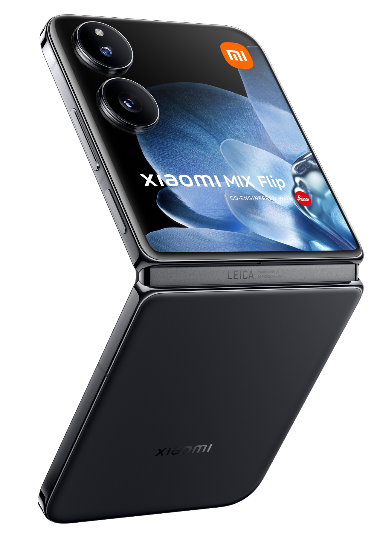Czarny telefon Xiaomi Mix Flip, otwarty i częściowo złożony, z podwójnym aparatem i marką Leica.