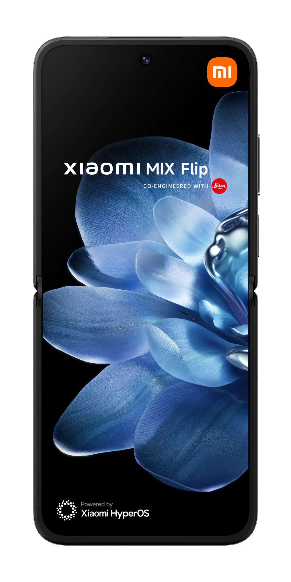 Czarny składany smartfon z dużym ekranem wyświetlającym kwiatowe tło i tekst.