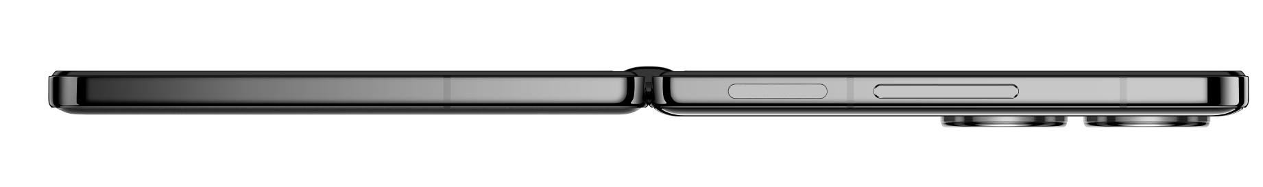 Czarny, złożony smartfon. Pokazuje bok z przyciskami głośności i aparatem.