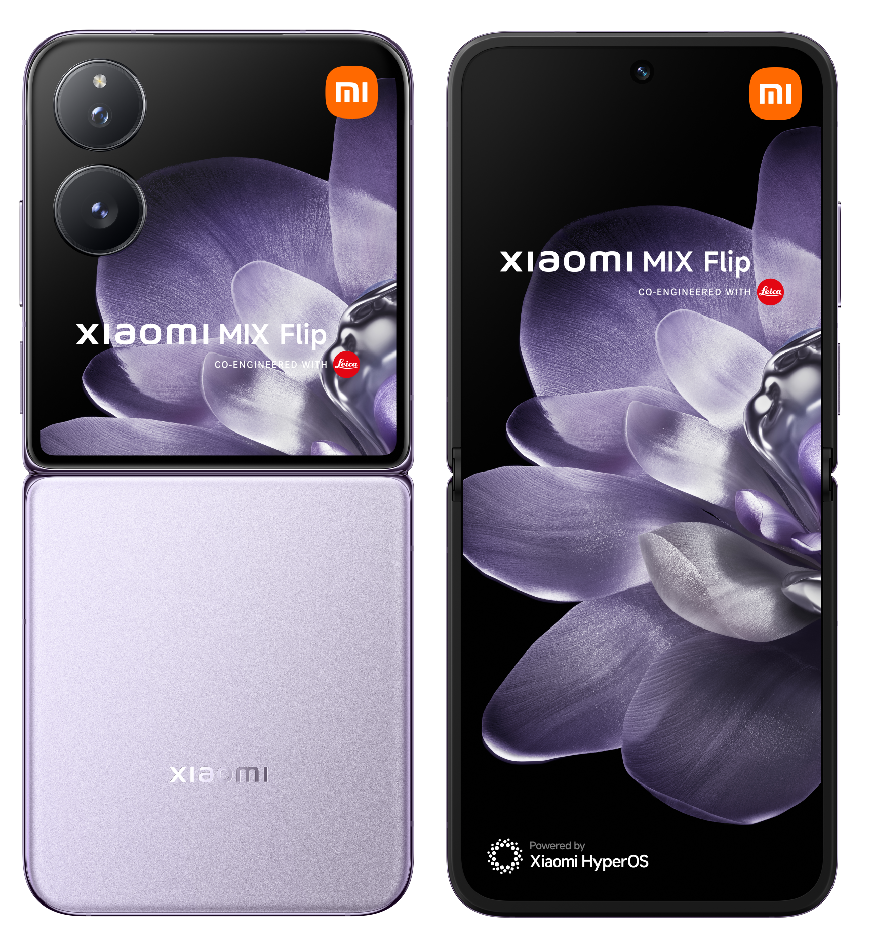 Telefon Xiaomi MIX Flip rozłożony, pokazujący fioletowy wyświetlacz i logo marki.