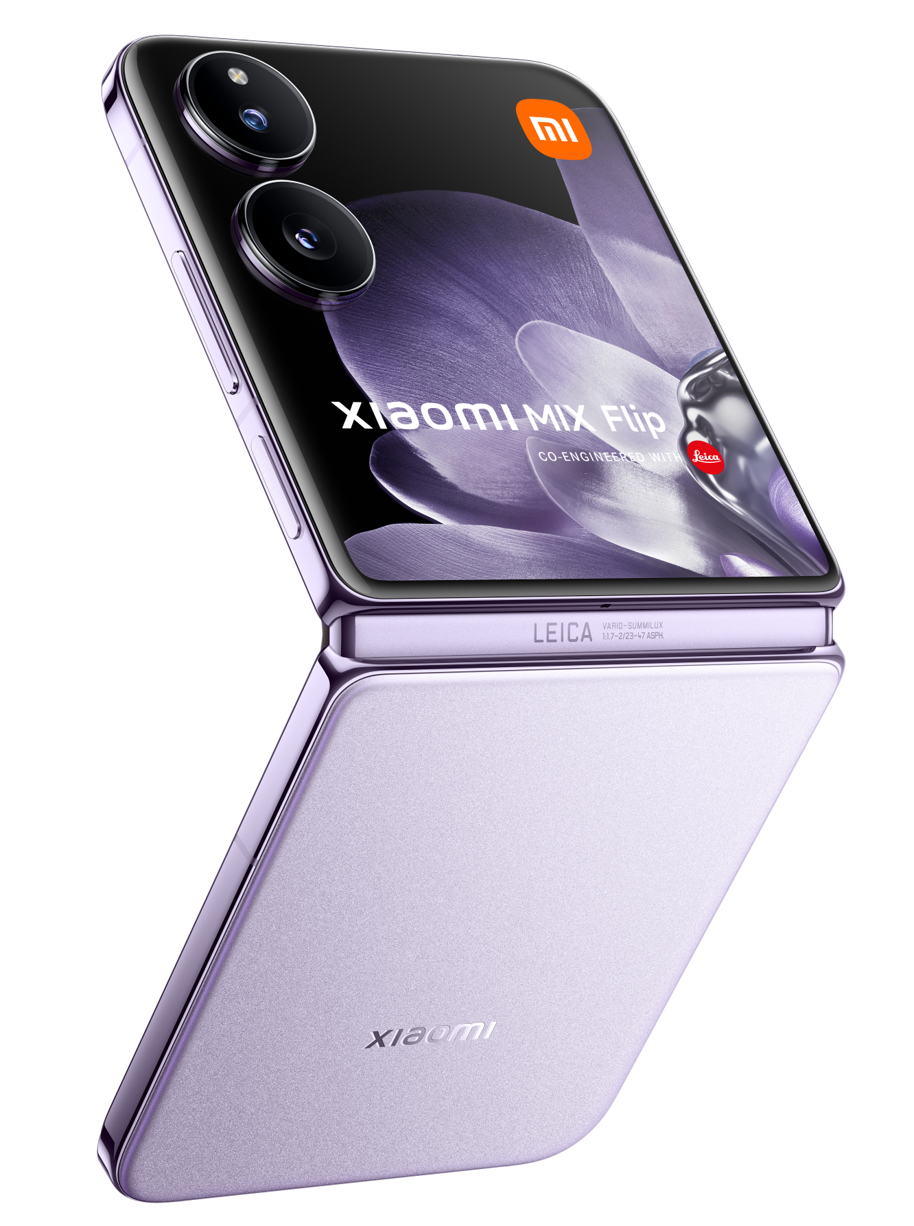 Fioletowy składany smartfon z aparatem z dwoma obiektywami i marką Leica.