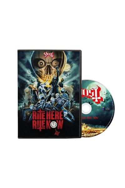 DVD tok album borítóval. Koponya, csontvázak és egy óra. Lemez a tok mellett.