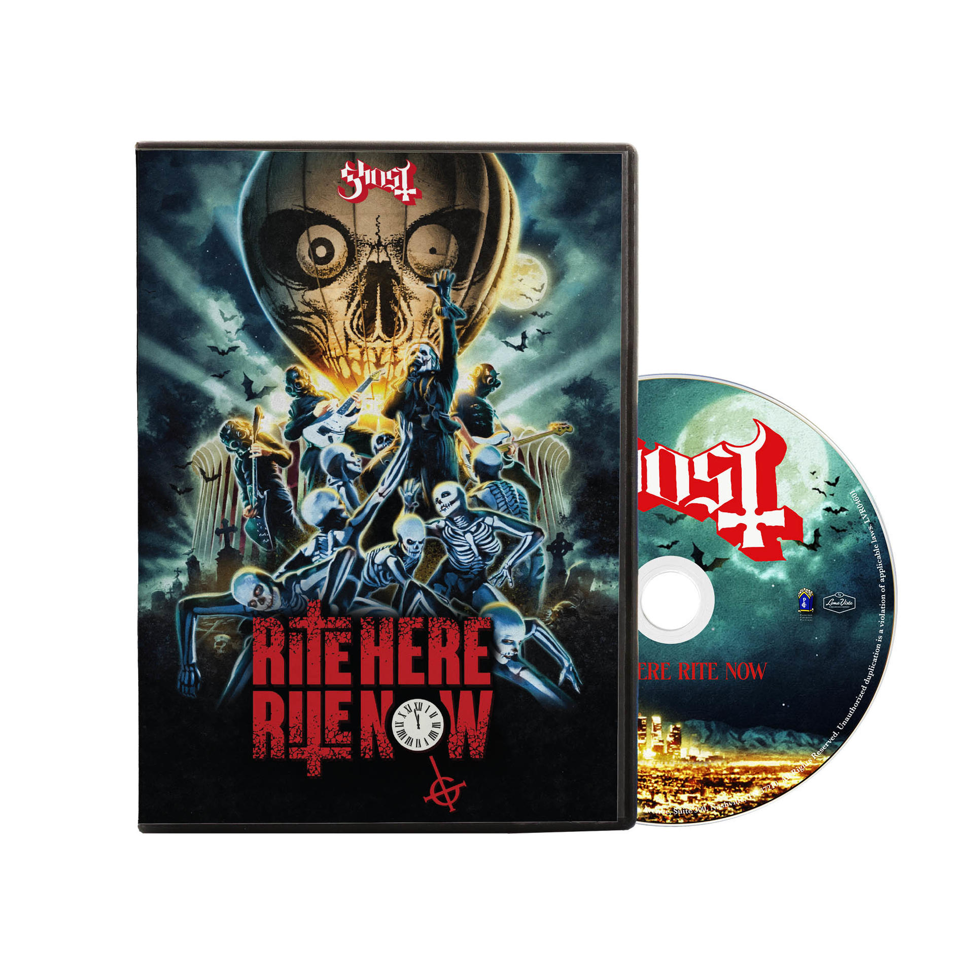 DVD tok és lemez koponya képpel és szöveggel. A szöveg a 'RITE HERE RITE NOW'.