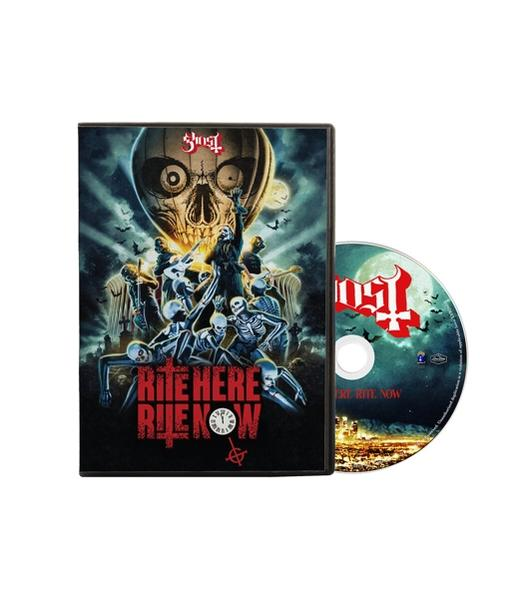 A Ghost 'Rite Here Rite Now' DVD tokja és lemeze. A borítón koponya és csontvázak láthatók.