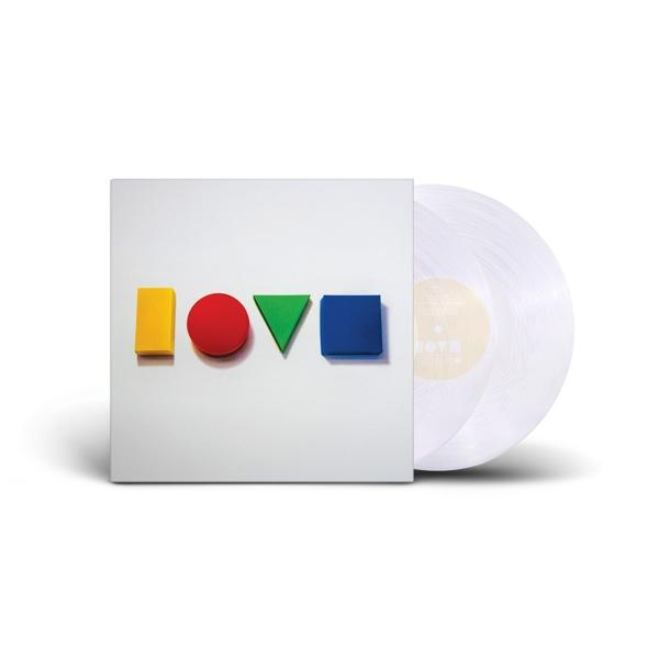 Egy bakelit album borítója színes geometriai formákkal, melyek a 'LOVE' szót alkotják fehér háttéren.