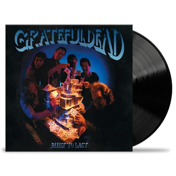 Grateful Dead album borítója. Férfiak kártyavárat építenek. Egy bakelit lemez a jobb oldalon.