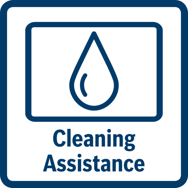 Su damlası simgesi ve metin içeren mavi bir kare: Cleaning Assistance.