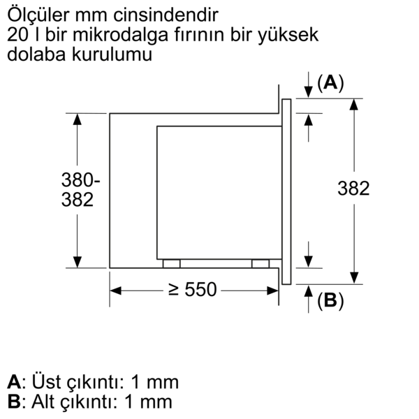 Bir dolaba kurulum için bir mikrodalga fırının boyutlarını gösteren teknik bir çizim.