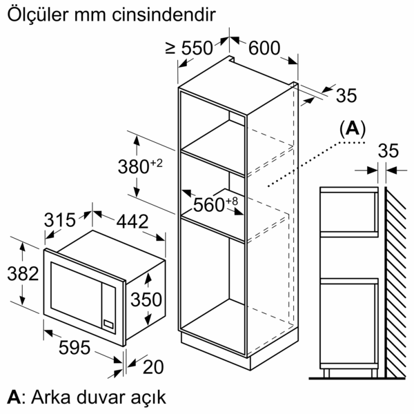 Boyutları ile gömme bir mikrodalga fırının teknik çizimi.