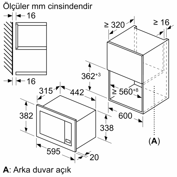 Gömme mikrodalga fırının ölçülerini gösteren teknik çizim, Türkçe metin ile.