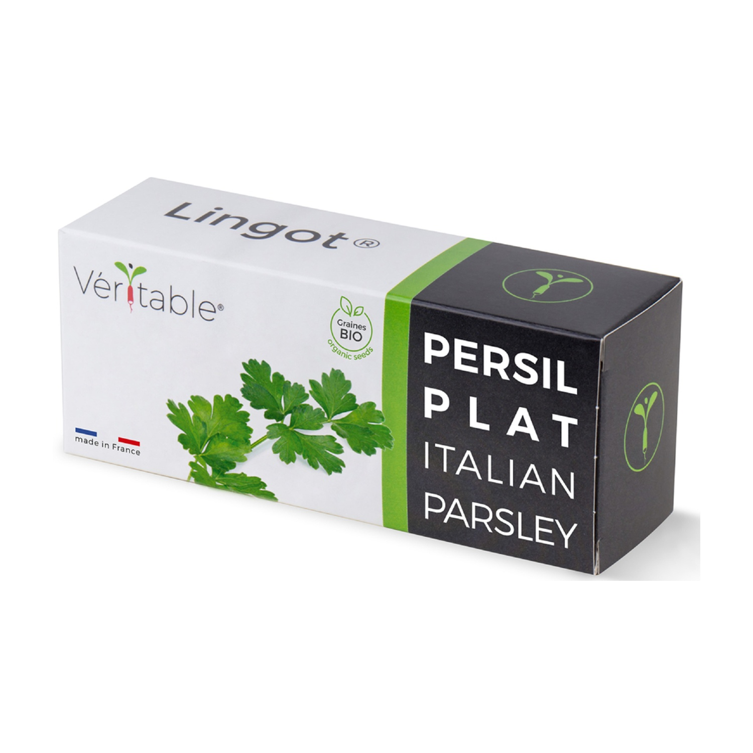 Scatola bianca di semi di prezzemolo italiano. Schema di colori verde e bianco. 'Veritable' e 'Lingot'.