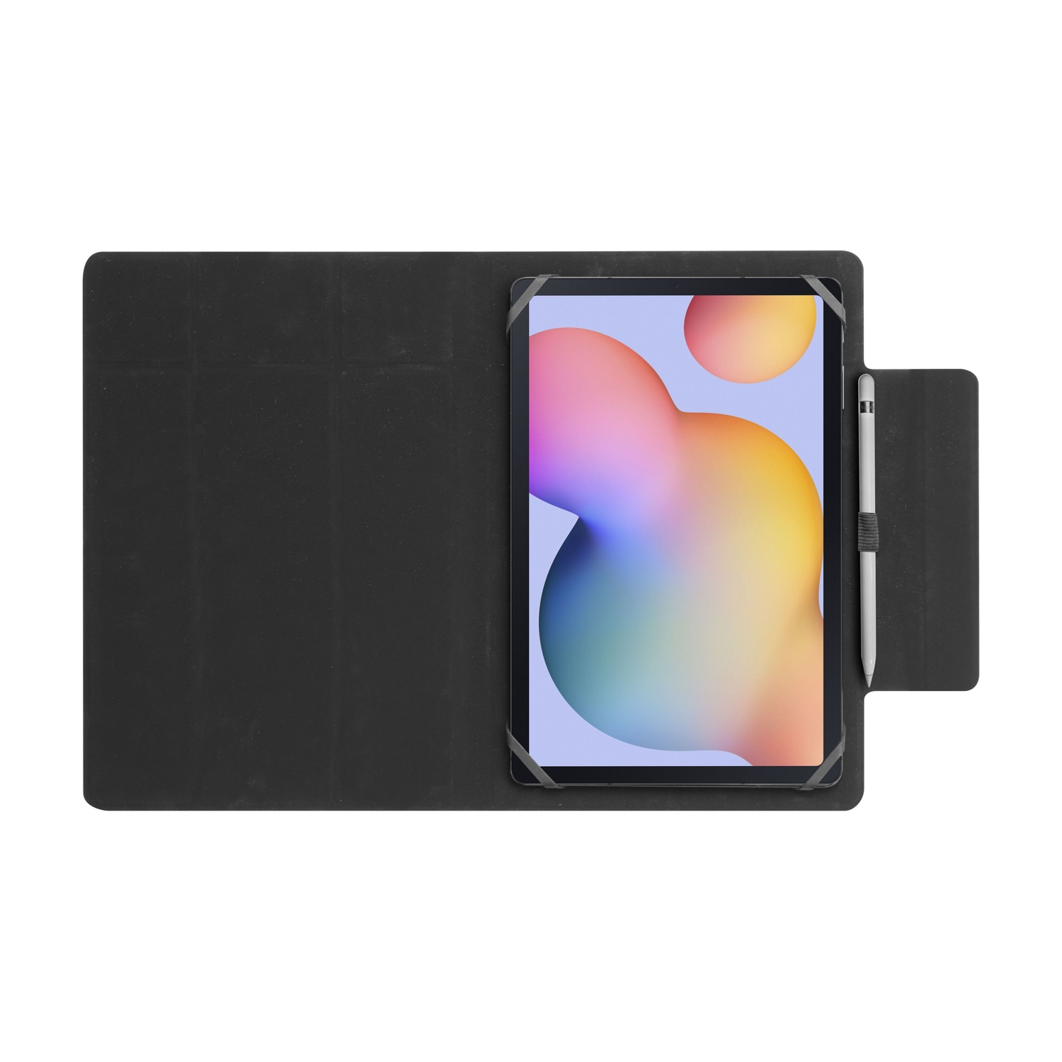 Un tablet nero in una custodia nera con uno stilo, lo schermo del tablet mostra un'immagine colorata.