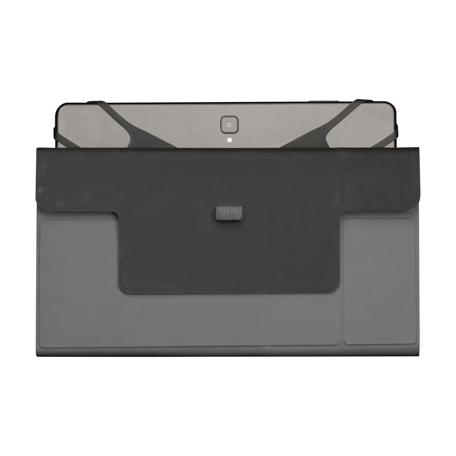 Un tablet in una custodia grigia con una copertura nera. La custodia ha un cinturino e un piccolo lembo.