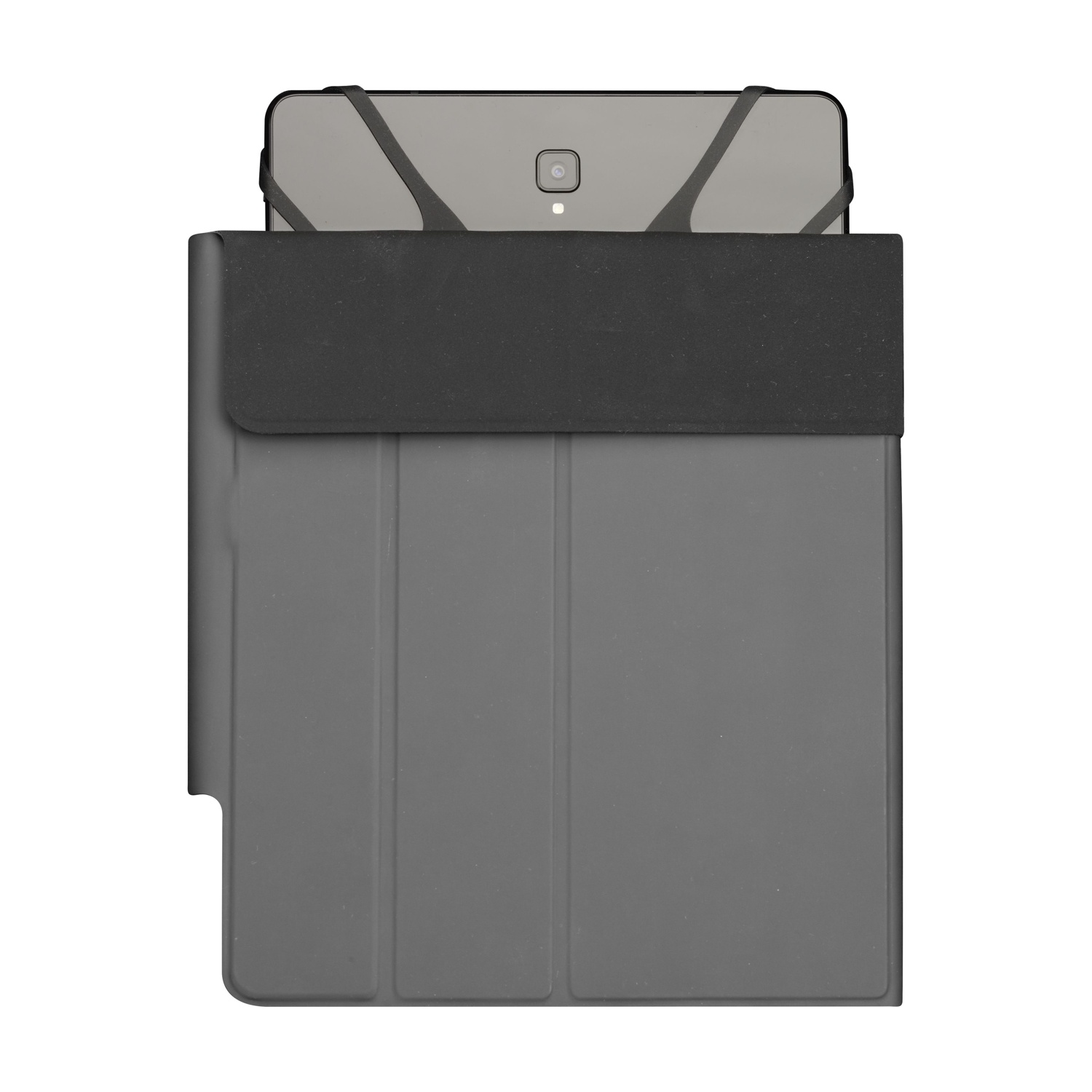Un tablet in una custodia grigia con una cinghia nera che lo fissa. Il tablet è nero e la custodia è grigia.