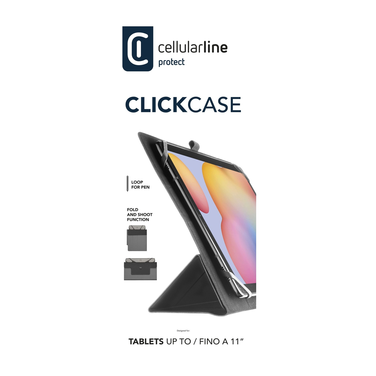 Un tablet in una custodia nera. La custodia si ripiega per sostenere il tablet in posizione verticale.