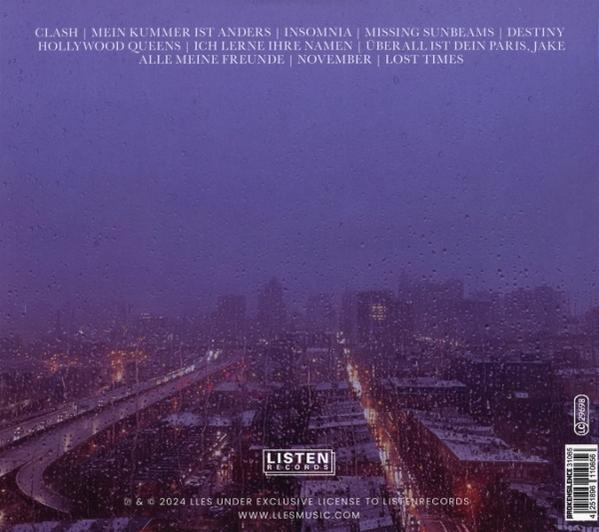 Albumcover mit Songtiteln und einer Stadtlandschaft in der Abenddämmerung, mit Regen auf dem Cover.