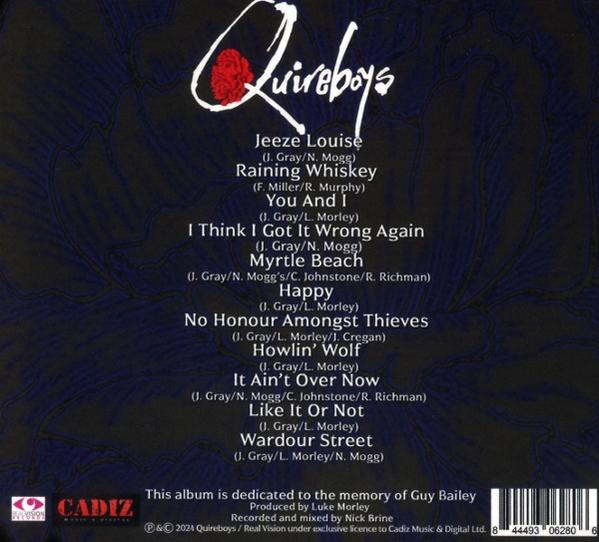 CD-Cover mit Text und Logos. Rückseite mit Songtiteln und Credits, Bandname oben.
