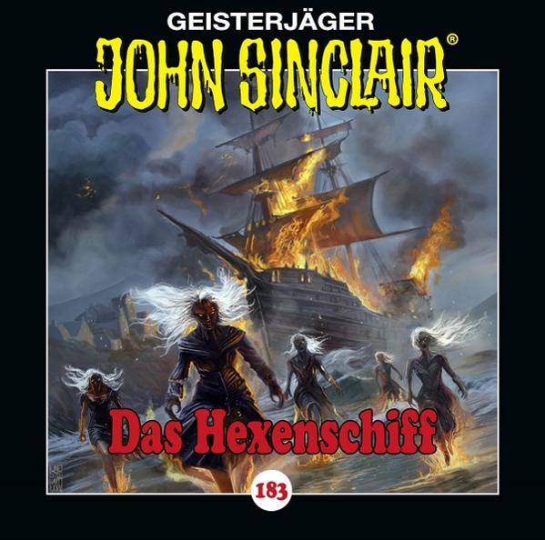 Buchcover mit brennendem Schiff, Geistern und Text auf Deutsch, betitelt 'Das Hexenschiff'.