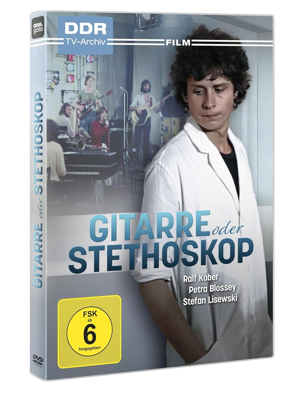 DVD-Hülle: 'Gitarre oder Stethoskop'. Ein Mann im weißen Kittel steht vorne, Band im Hintergrund.