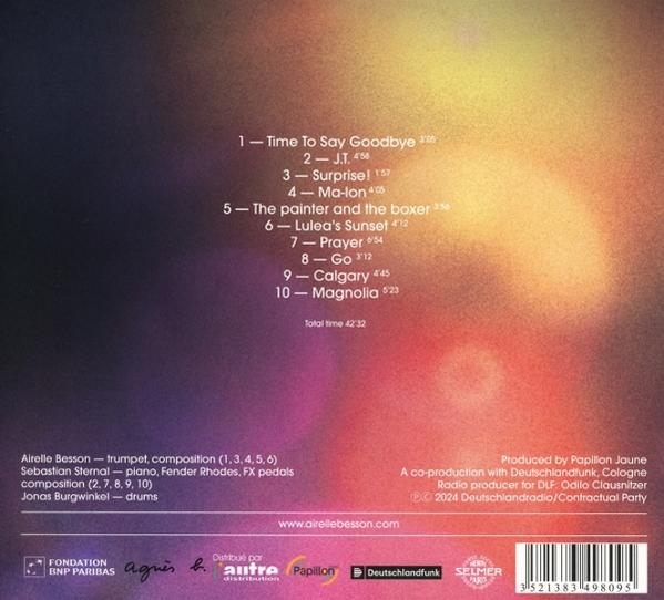 Rückseite einer CD mit farbenfrohem Hintergrund. Songtitel sind aufgelistet, und Credits werden angezeigt.