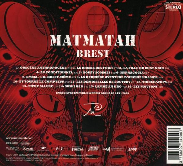 Die Rückseite eines Musikalbums mit Text und einem Design mit roten organischen Formen.