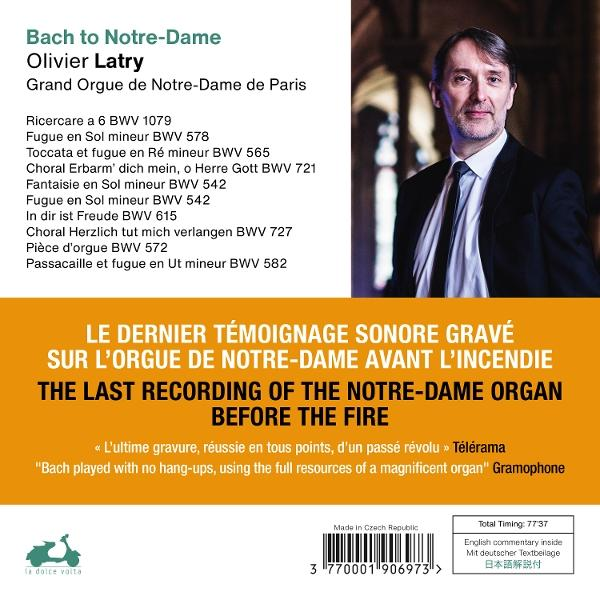 CD-Cover mit Bach-Musik von Olivier Latry. Enthält ein Porträt und Text über die Aufnahme.