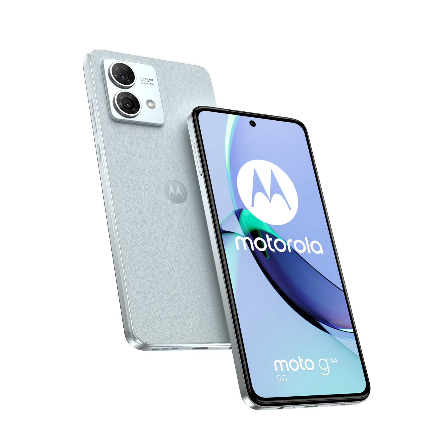 Motorola telefoon: grijze achterkant met camera's, en het scherm met het Motorola logo.