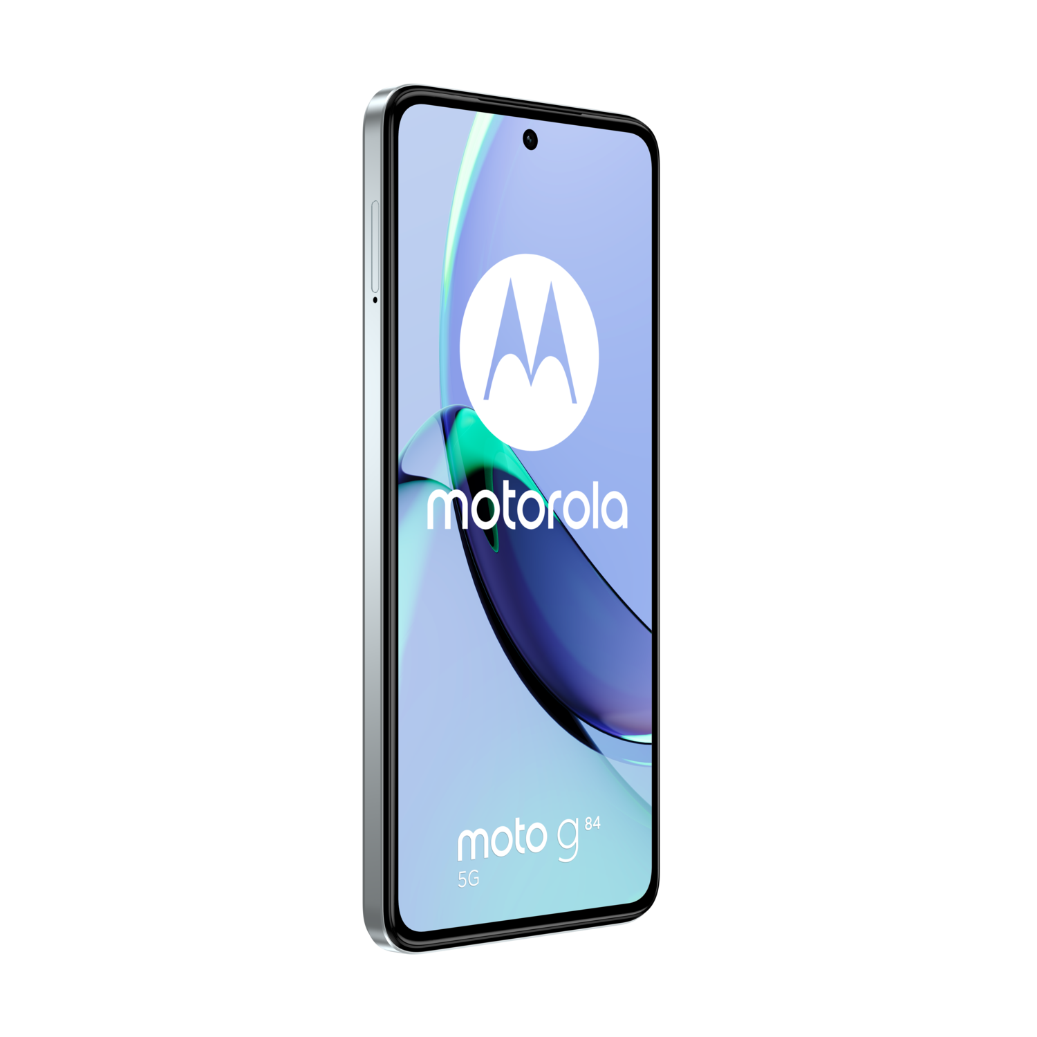 Motorola moto g84 5G smartphone, zilveren frame, met de interface van de telefoon.