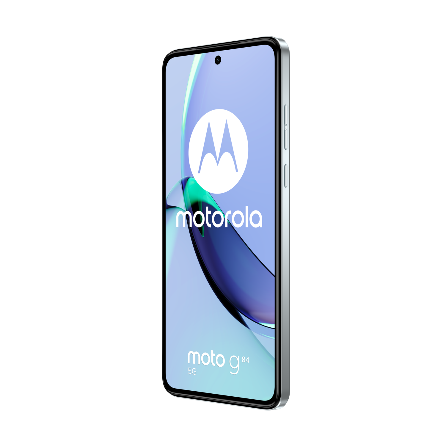 Motorola Moto g84 5G smartphone op zwarte achtergrond. De telefoon is zilver met een blauw scherm.