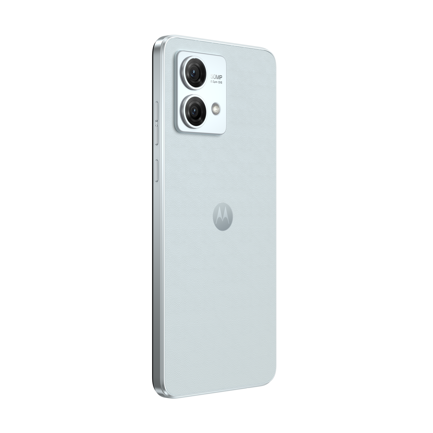 Een lichtblauwe Motorola smartphone van achteren gezien, met een dual-camera setup.