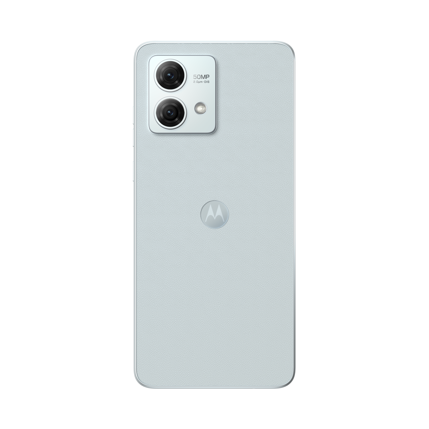 Lichtblauwe smartphone, dubbele camera, Motorola-logo op de achterkant.
