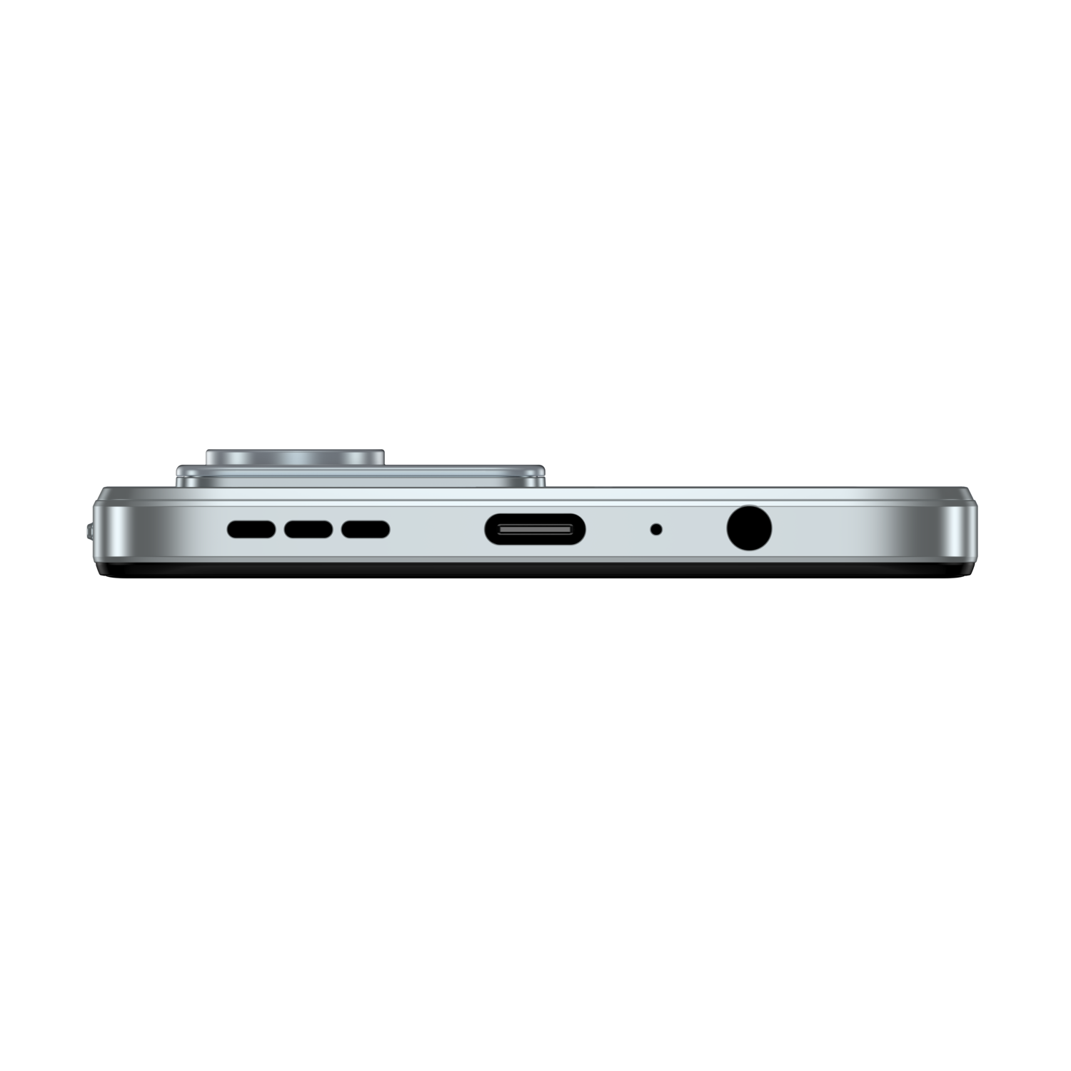 Zijaanzicht van een zilveren smartphone met poorten en knoppen op een zwarte achtergrond.