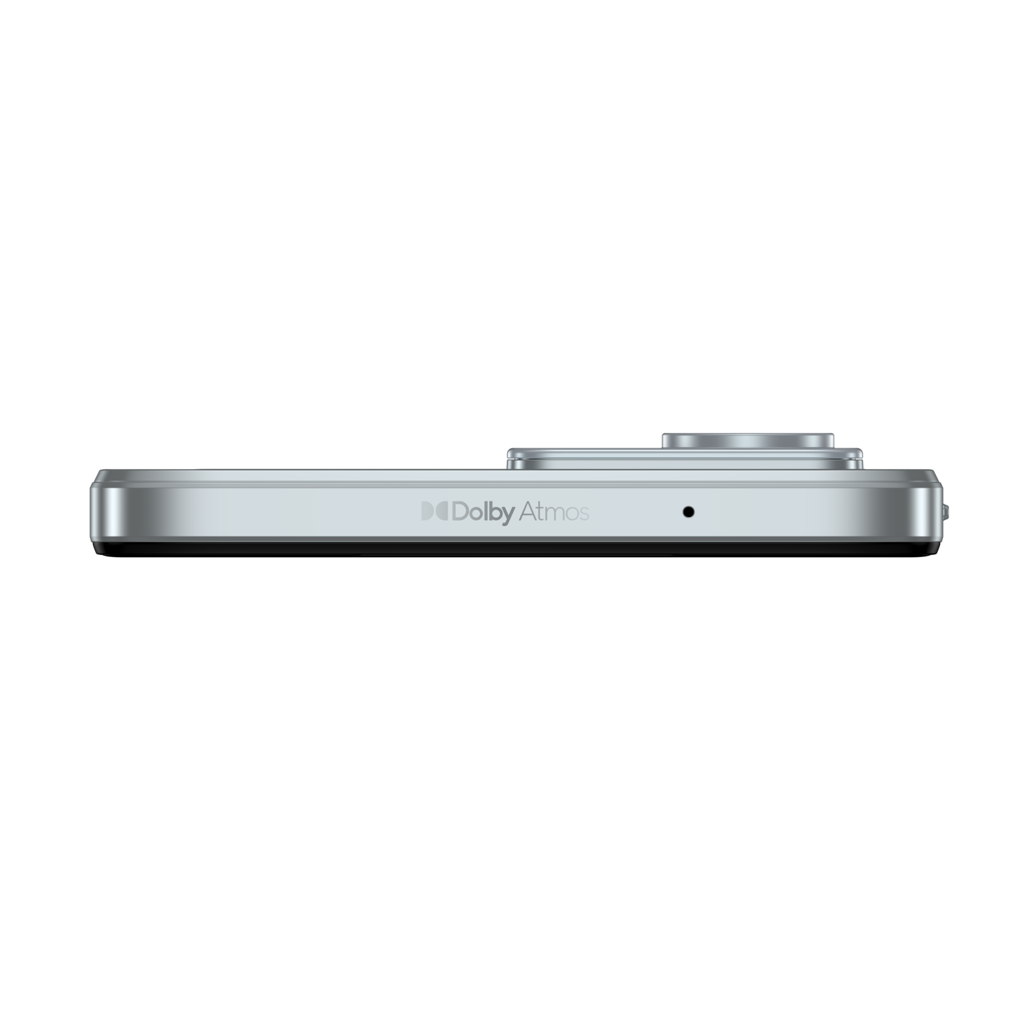 Zilveren smartphone, zijaanzicht, met het Dolby Atmos-logo en een cameralens op een donkere achtergrond.