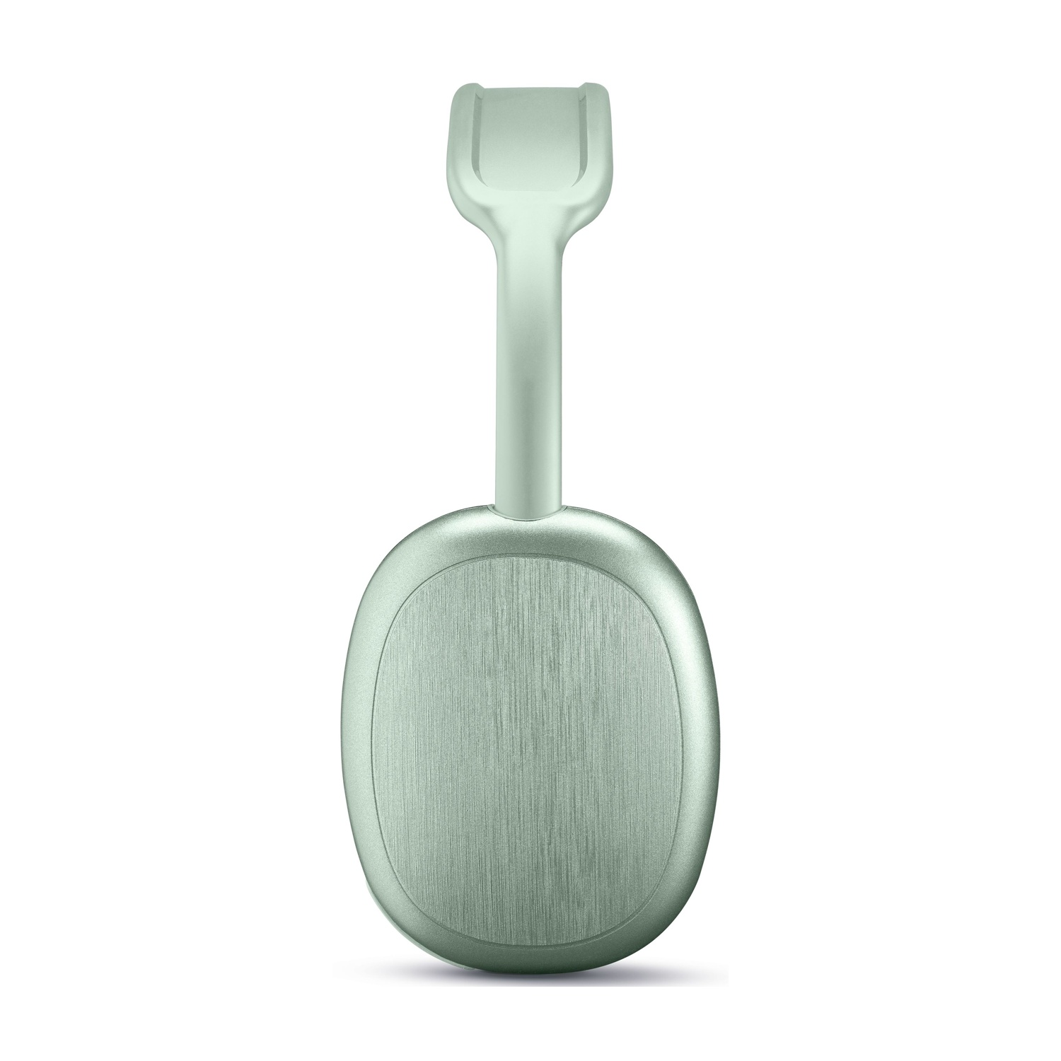 Un dispositivo verde chiaro, di forma ovale, con un braccio di collegamento. Ha una base argentata.