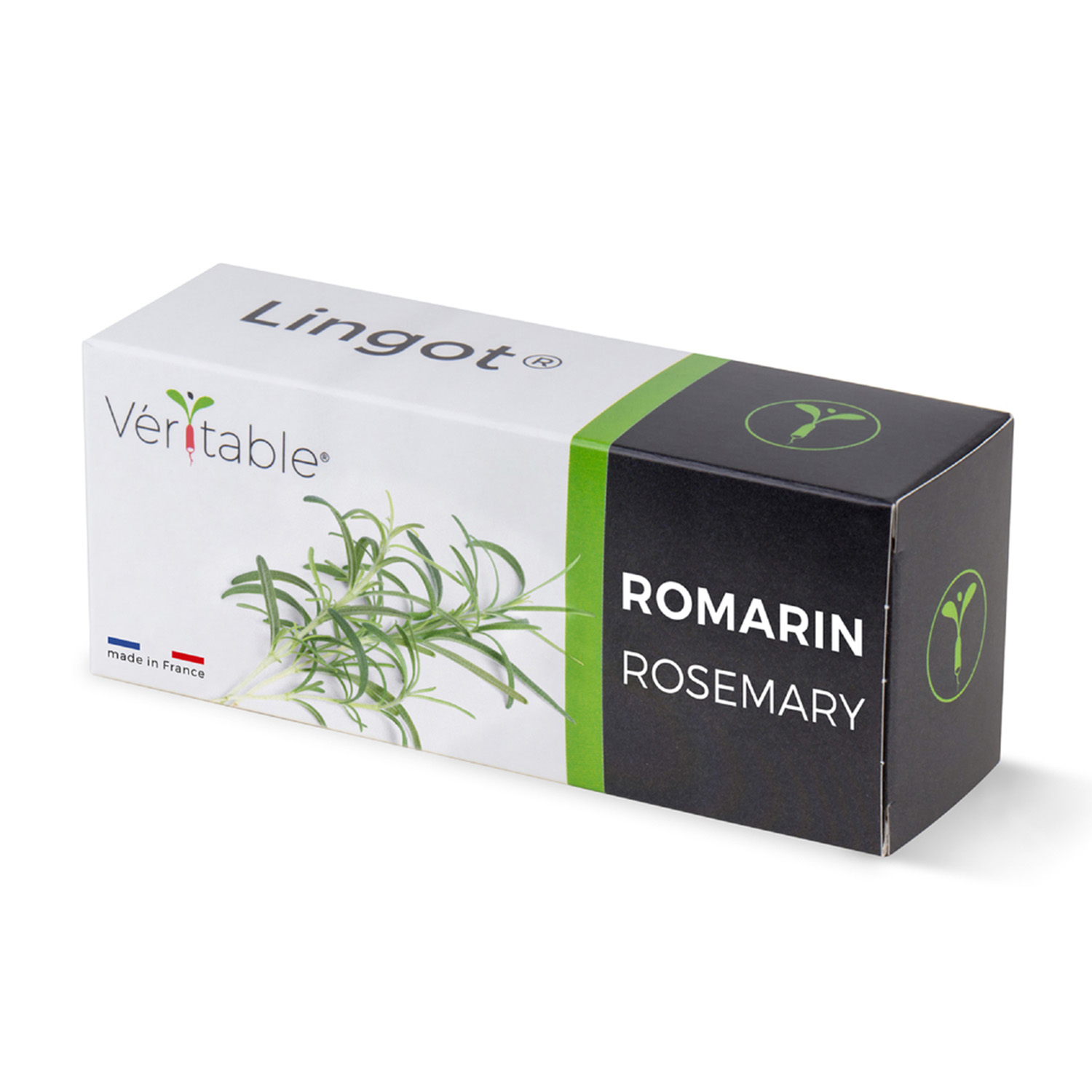 Scatola di erbe di rosmarino, con testo 'Romarin Rosemary'. Scatola bianca con striscia verde.