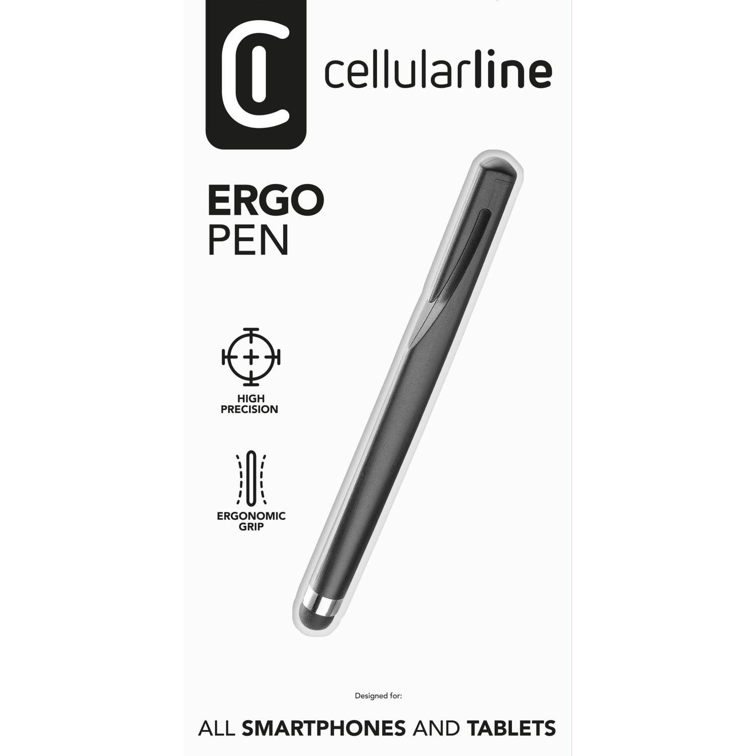 Penna stilo nera con testo e icone su sfondo bianco.